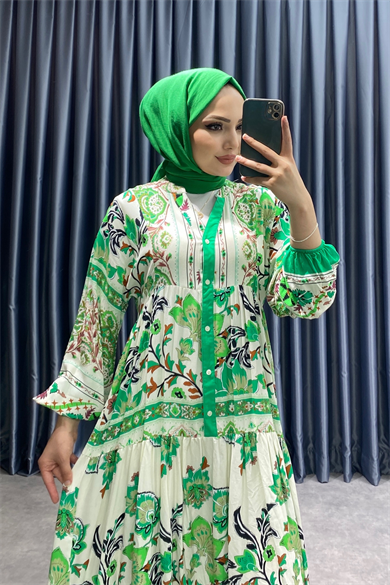 Desenli Viskon Elbise Yeşil