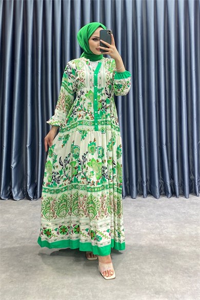 Desenli Viskon Elbise Yeşil