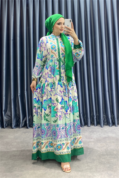 Desenli Viskon Elbise Yeşil