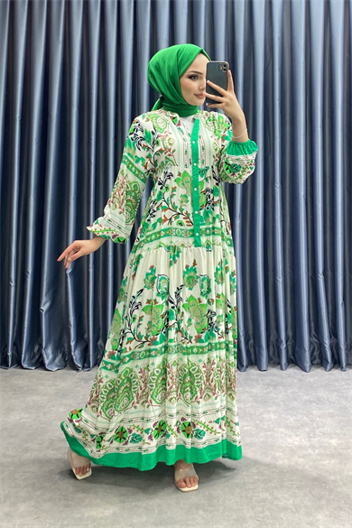 Desenli Viskon Elbise Yeşil