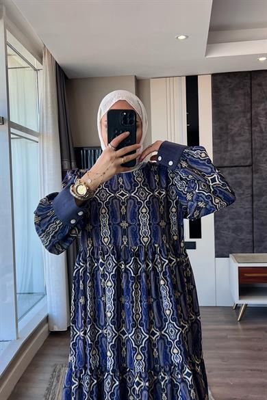 Manşet Detaylı Etnik Desen Elbise  Lacivert