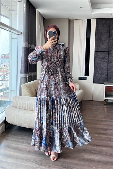 Dijital Baskılı Pileli Saten Elbise Kahve-Mavi