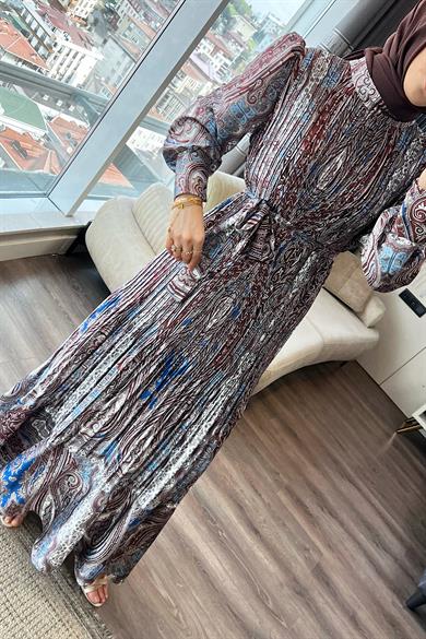 Dijital Baskılı Pileli Saten Elbise Kahve-Mavi