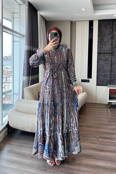 Dijital Baskılı Pileli Saten Elbise Kahve-Mavi