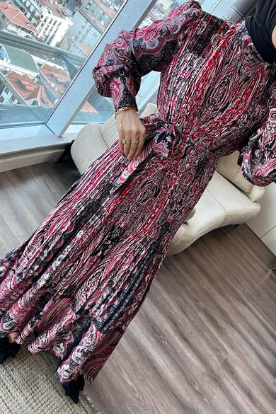 Dijital Baskılı Pileli Saten Elbise Kırmızı-Siyah