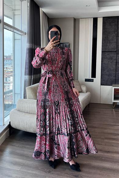 Dijital Baskılı Pileli Saten Elbise Kırmızı-Siyah