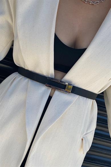 Dikdörtgen Desen  Deri Kemer Siyah