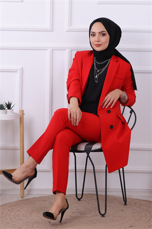 Düğme Detaylı İkili Takım Kırmızı