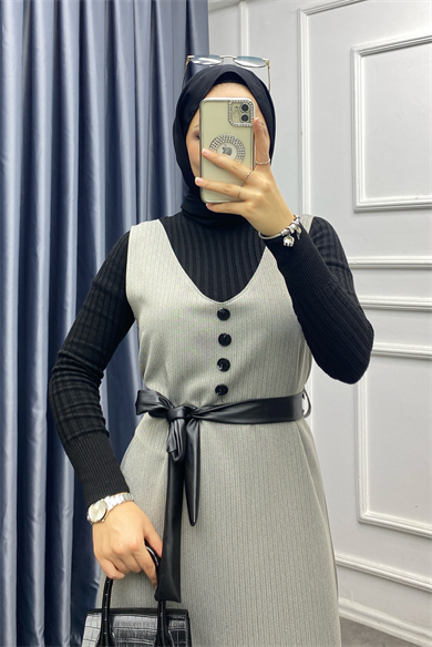 Düğme Detaylı Jile Gri