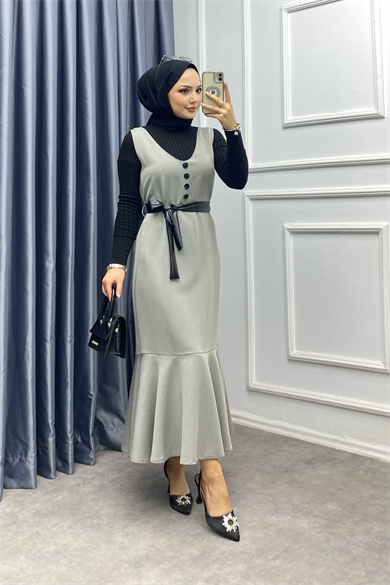 Düğme Detaylı Jile Gri