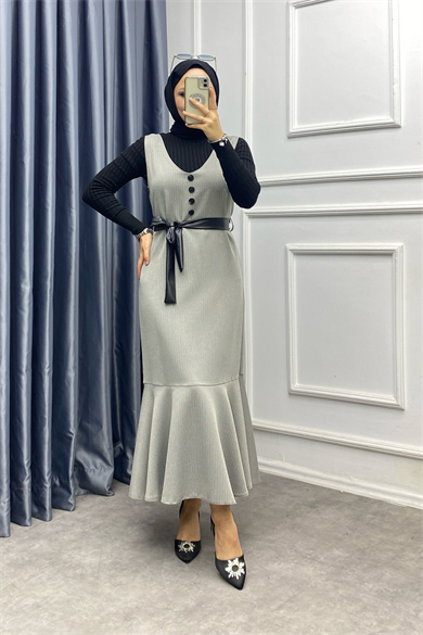 Düğme Detaylı Jile Gri