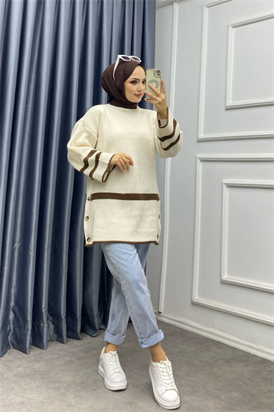 Düğme Detaylı Triko Tunik Bej
