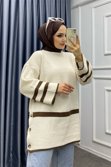 Düğme Detaylı Triko Tunik Bej