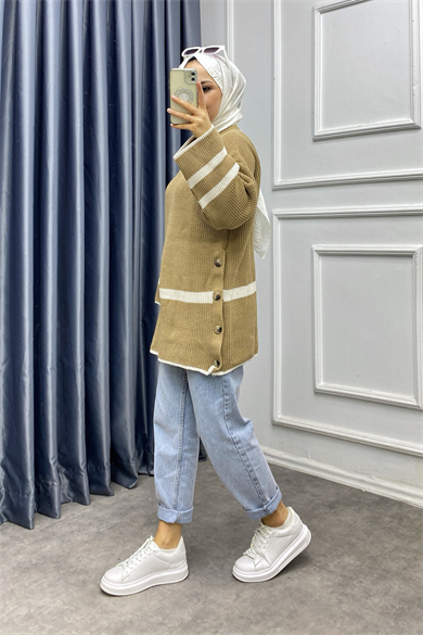 Düğme Detaylı Triko Tunik Camel