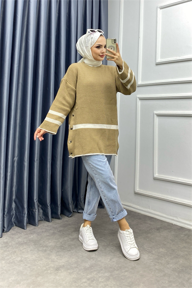 Düğme Detaylı Triko Tunik Camel