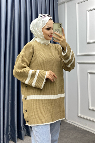 Düğme Detaylı Triko Tunik Camel