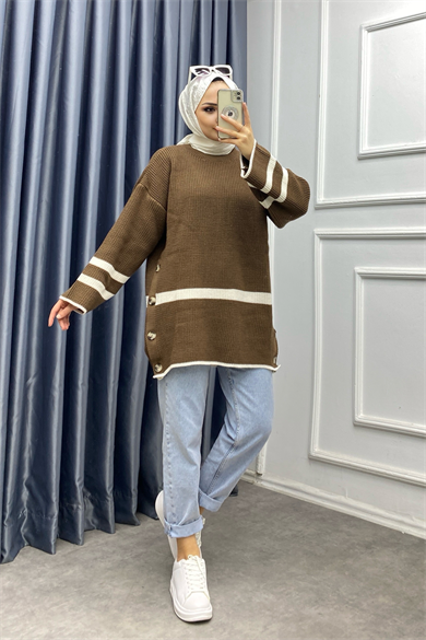 Düğme Detaylı Triko Tunik Kahverengi