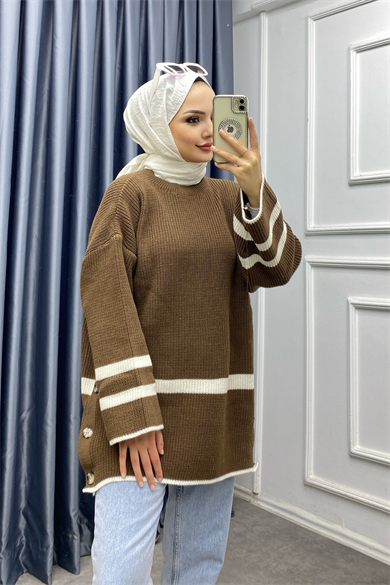 Düğme Detaylı Triko Tunik Kahverengi
