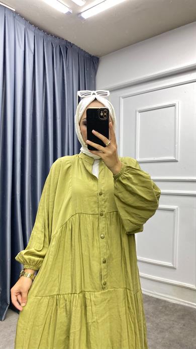 Düğmeli Elbise Yağ Yeşili 