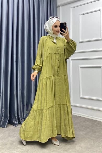 Düğmeli Elbise Yağ Yeşili 