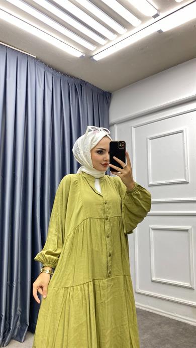 Düğmeli Elbise Yağ Yeşili 