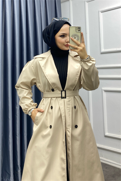 Düğmeli Trenç Bej