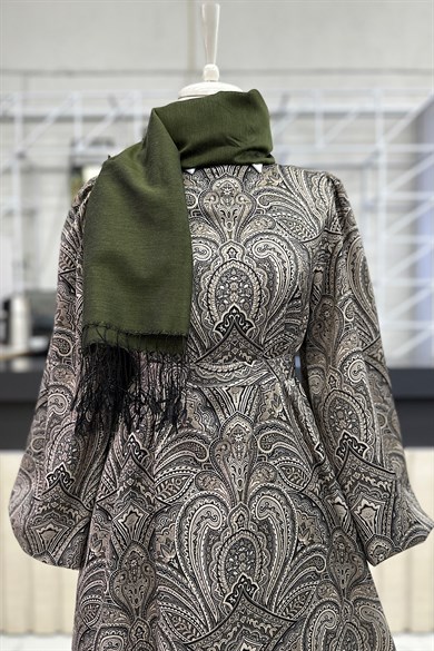 Şal Desen Saten Elbise Gri-Yeşil