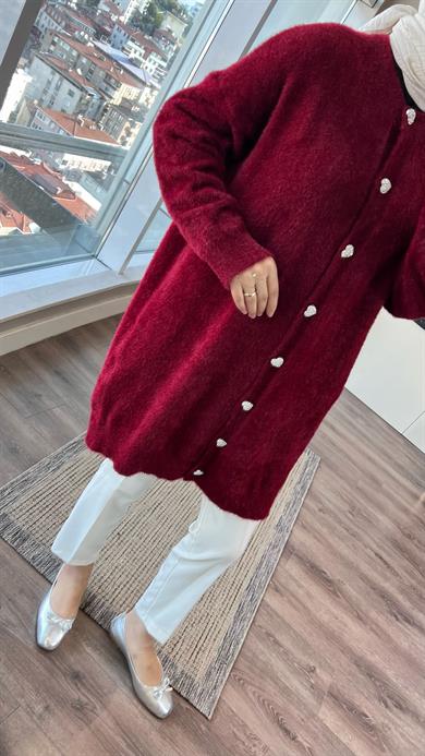 Kalp Düğmeli Yumoş Hırka Bordo
