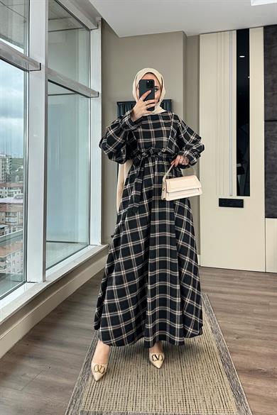 Ekose Desen Elbise Siyah