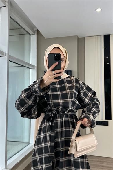 Ekose Desen Elbise Siyah