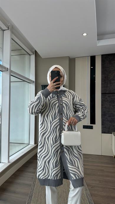 Zebra Desen Yumoş Hırka Gri