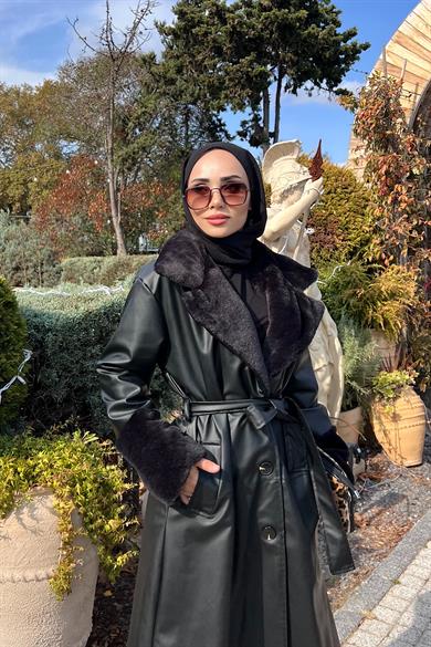 Yakası Kürklü Deri Trenç Siyah