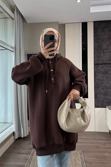 Yakası Çıtçıt Detaylı Sweat Kahverengi