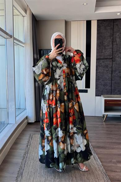 Çiçek Desenli Yarım Patlı Elbise Yeşil