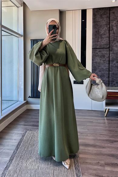 Kemerli Balon Kol Elbise Yeşil