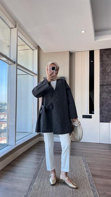 İçten Bağlamalı Buklet Hırka Antrasit