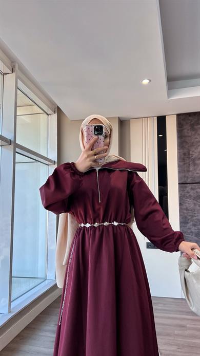 Yakası Geniş Skuba Elbise Bordo