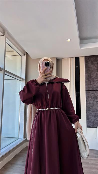 Yakası Geniş Skuba Elbise Bordo