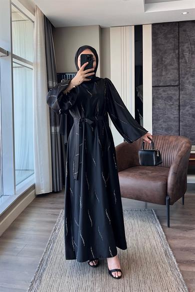 Üzeri Taş Detay Saten Elbise Siyah