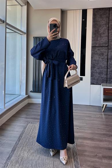 Taşlı Modal Elbise Lacivert
