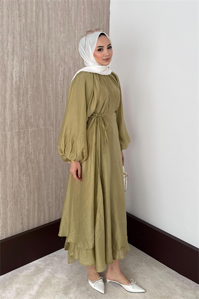 Balon kol Üçlü Etekli Takım  Yağ YeşiliDubaiShowroomTAKIM23831