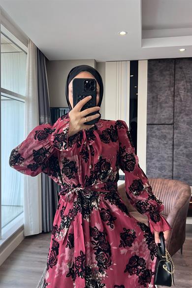 Çiçek Desenli Elbise Bordo