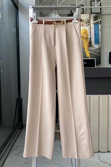 Kemerli Bol Paça Pantolon Bej