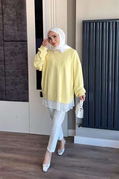 Kendinden Pileli Taşlı Sweat Sarı