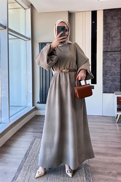 Kemerli Balon Kol Elbise Vizon