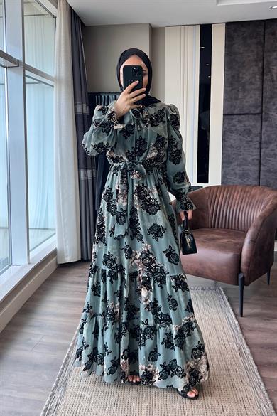 Çiçek Desenli Elbise Yeşil