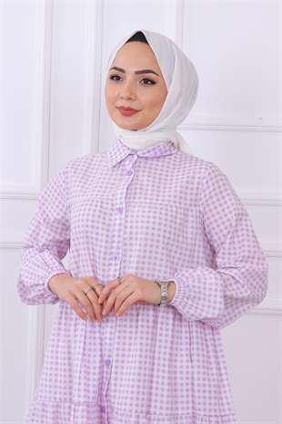 Ekose Desenli Tunik Lila-Beyaz