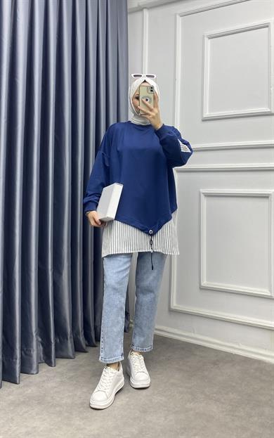 Eteği Çizgili Sweat Lacivert