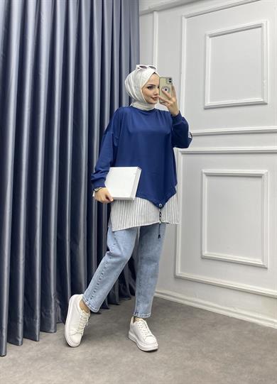 Eteği Çizgili Sweat Lacivert