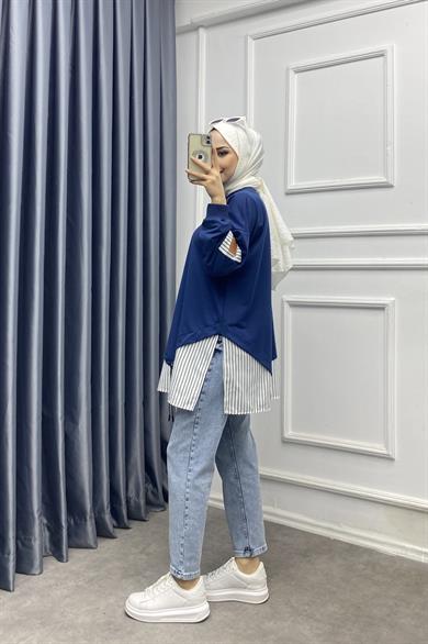 Eteği Çizgili Sweat Lacivert
